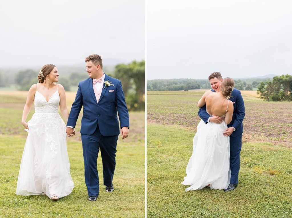 Bride and groom embracing on field | Rainy wedding | Rustic wedding | Harvest House Wedding | Harvest House Photographer | Raleigh NC Wedding Photographer