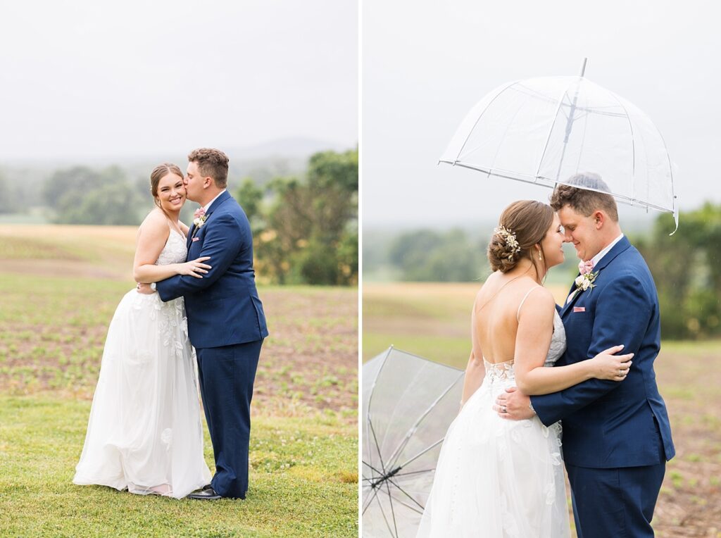 Bride and groom nose to nose on field holding an umbrella | Rainy wedding | Rustic wedding | Harvest House Wedding | Harvest House Photographer | Raleigh NC Wedding Photographer