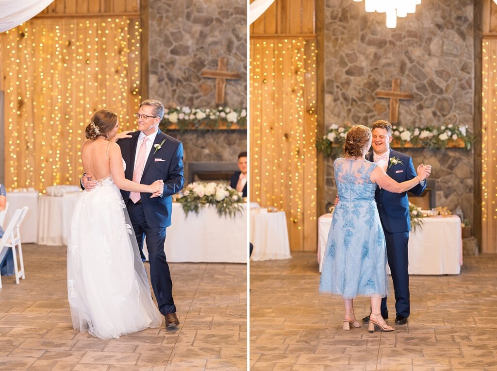 Bride and father of the bride dance and groom and groom's mom dancing | Rustic wedding | Harvest House Wedding | Harvest House Photographer | Raleigh NC Wedding Photographer