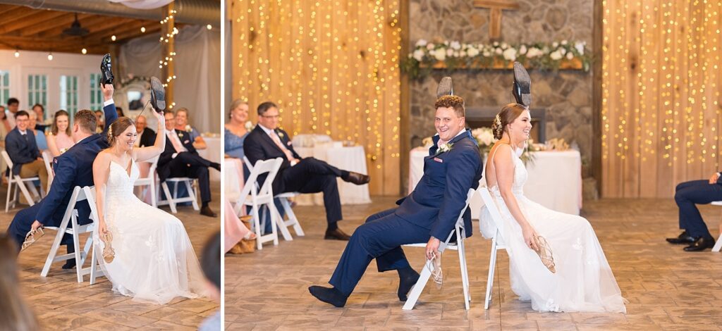 Bride and groom holding shoes and playing a game | Rustic wedding | Harvest House Wedding | Harvest House Photographer | Raleigh NC Wedding Photographer