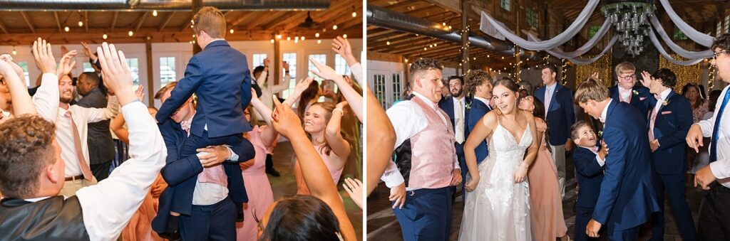Bride and groom dancing during reception with guests| Rustic wedding | Harvest House Wedding | Harvest House Photographer | Raleigh NC Wedding Photographer