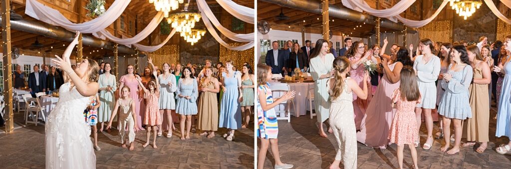 Bride throwing bouquet | Rustic wedding | Harvest House Wedding | Harvest House Photographer | Raleigh NC Wedding Photographer