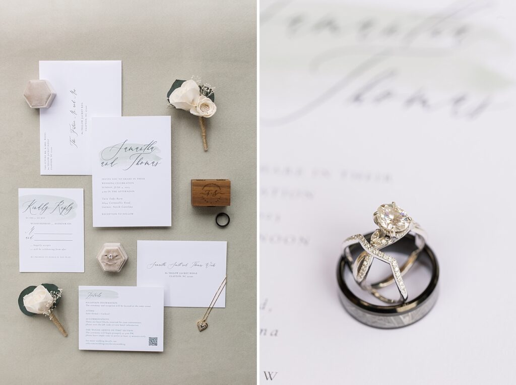 Wedding invitations and wedding ring closeup | Rustic Wedding | Twin Oaks Barn Wedding | Twin Oaks Barn Wedding Photographer | Raleigh NC Wedding Photographer