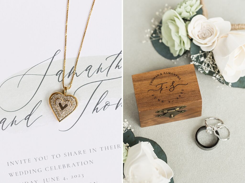 Bride's necklace displayed over wedding invitation and wedding rings with wooden box | Rustic Wedding | Twin Oaks Barn Wedding | Twin Oaks Barn Wedding Photographer | Raleigh NC Wedding Photographer