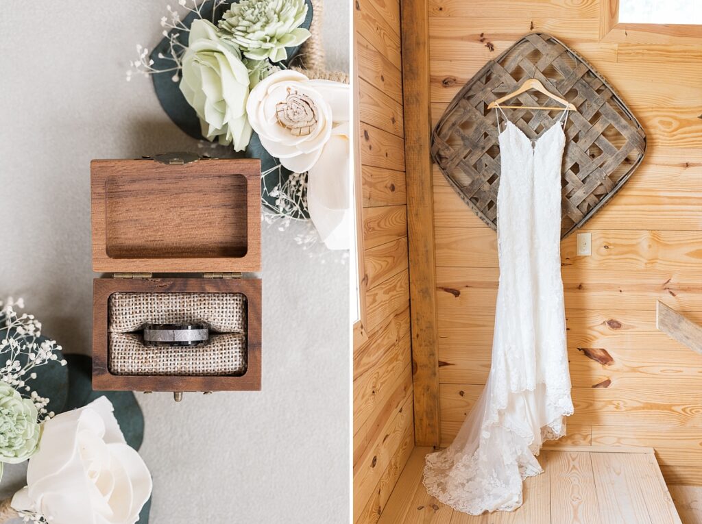 Groom's wedding band displayed in rustic box with flowers and bride's wedding dress hanging from woven basket | Rustic Wedding | Twin Oaks Barn Wedding | Twin Oaks Barn Wedding Photographer | Raleigh NC Wedding Photographer
