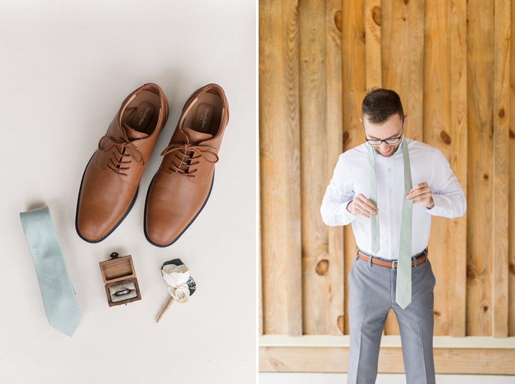 Groom's wedding shoes and tie | Rustic Wedding | Twin Oaks Barn Wedding | Twin Oaks Barn Wedding Photographer | Raleigh NC Wedding Photographer