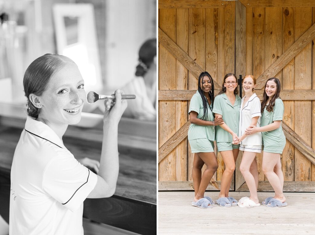 Bride in pajamas putting on makeup and bride with her bridesmaids | Rustic Wedding | Twin Oaks Barn Wedding | Twin Oaks Barn Wedding Photographer | Raleigh NC Wedding Photographer