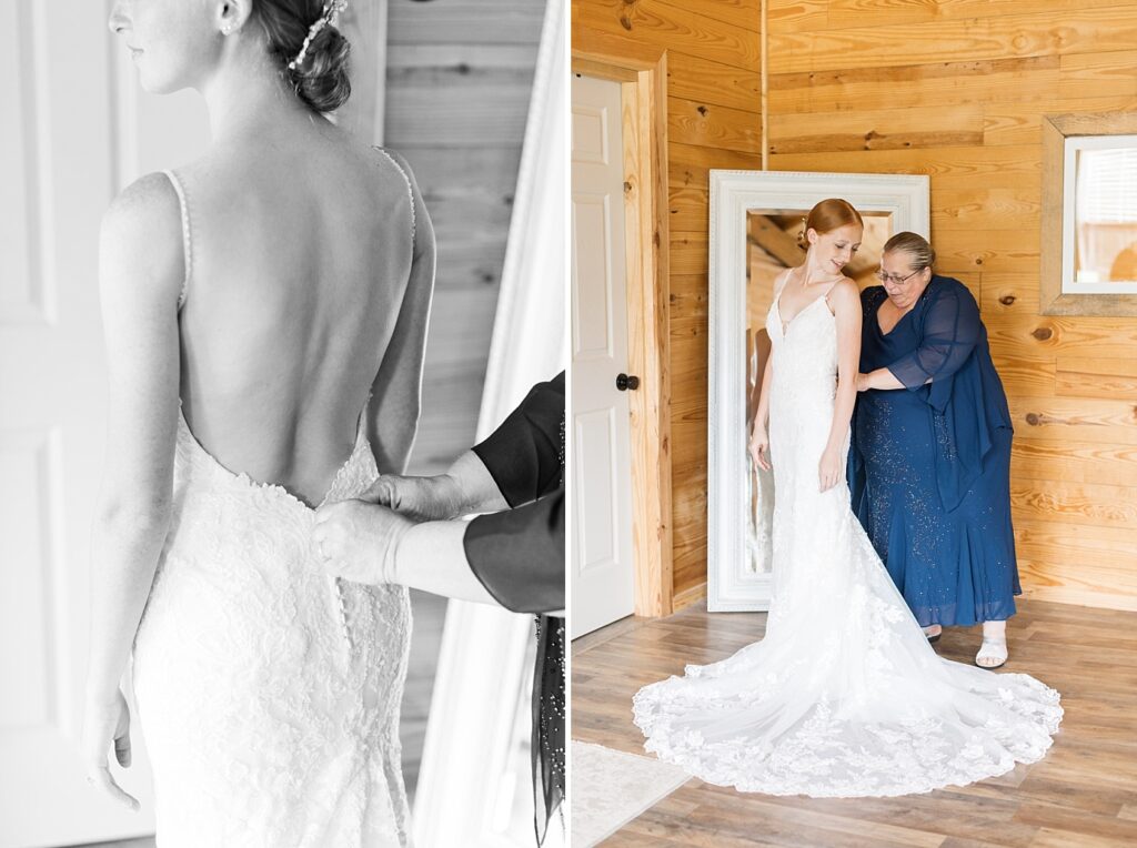 Mother of the bride zipping bride's dress | Rustic Wedding | Twin Oaks Barn Wedding | Twin Oaks Barn Wedding Photographer | Raleigh NC Wedding Photographer