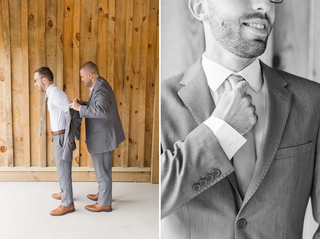 Groomsmen helping groom put on suit jacket and closeup of groom's tie | Rustic Wedding | Twin Oaks Barn Wedding | Twin Oaks Barn Wedding Photographer | Raleigh NC Wedding Photographer