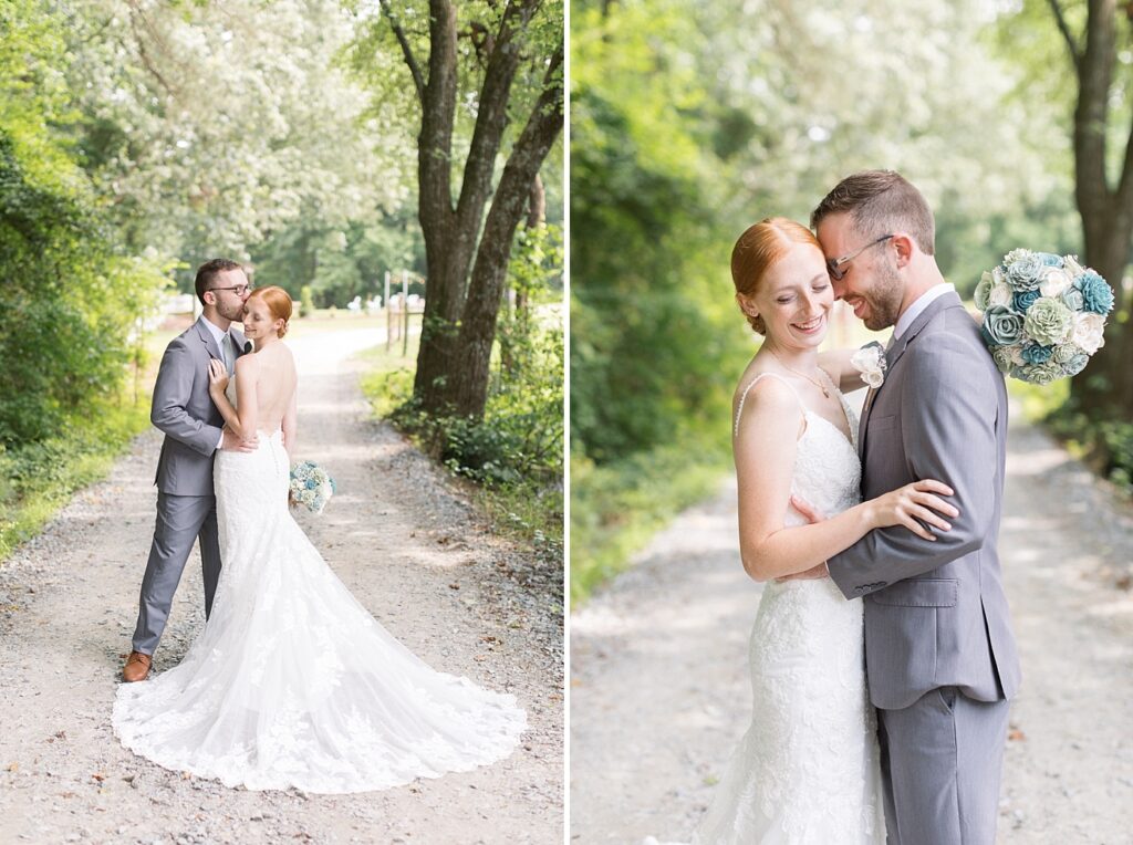 Bride and groom embracing and closeup of bridal bouquet | Rustic Wedding | Twin Oaks Barn Wedding | Twin Oaks Barn Wedding Photographer | Raleigh NC Wedding Photographer