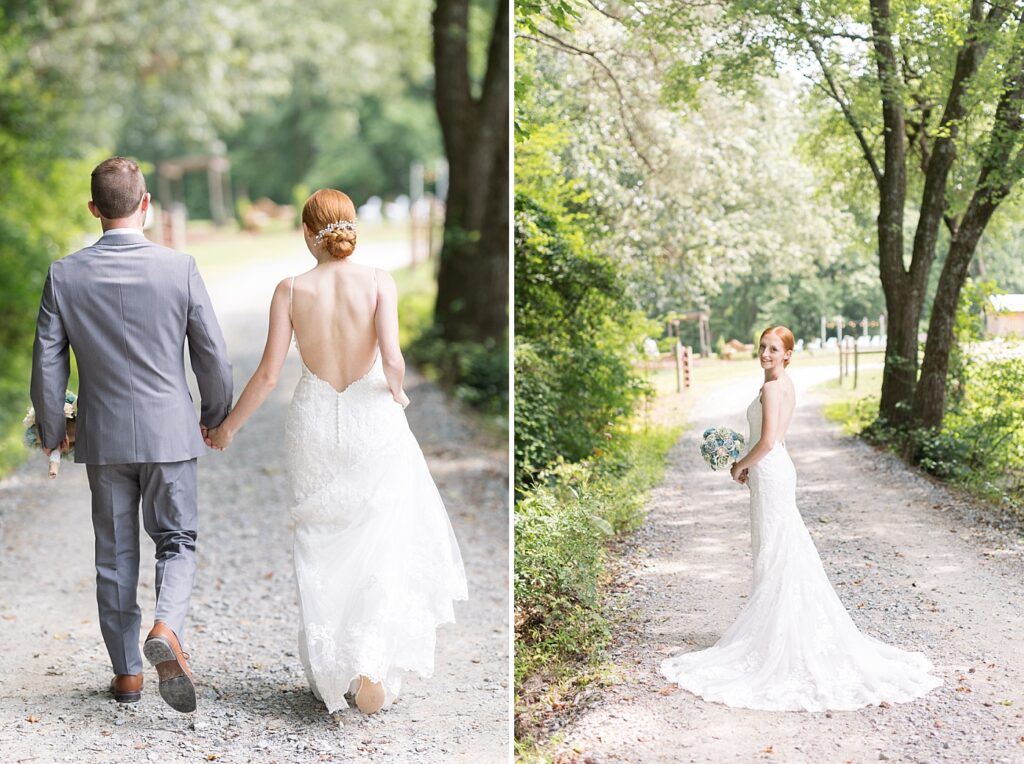 Bride and groom walking down gravel path | Rustic Wedding | Twin Oaks Barn Wedding | Twin Oaks Barn Wedding Photographer | Raleigh NC Wedding Photographer