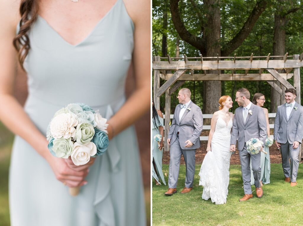 Bridesmaid blue, green, and white bouquet and groom holding bride's bouquet | Rustic Wedding | Twin Oaks Barn Wedding | Twin Oaks Barn Wedding Photographer | Raleigh NC Wedding Photographer