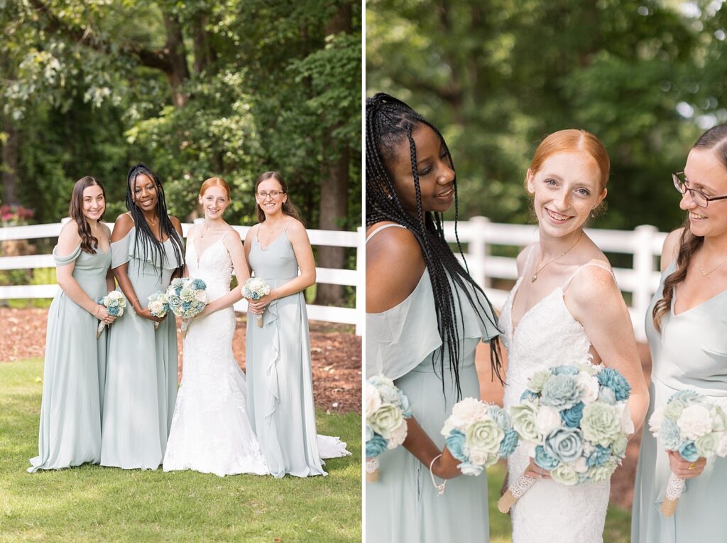 Bride posing with bridesmaids holding bouquets | Rustic Wedding | Twin Oaks Barn Wedding | Twin Oaks Barn Wedding Photographer | Raleigh NC Wedding Photographer
