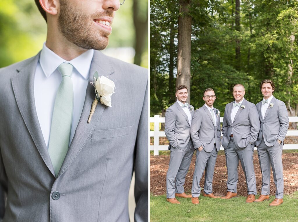 Groom with groomsmen and boutonniere closeup | Rustic Wedding | Twin Oaks Barn Wedding | Twin Oaks Barn Wedding Photographer | Raleigh NC Wedding Photographer