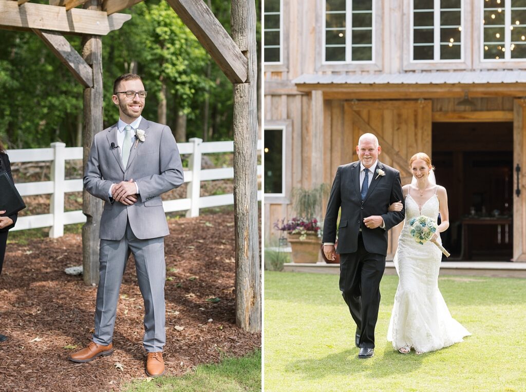 Bride and father of bride walking down the aisle | Rustic Wedding | Twin Oaks Barn Wedding | Twin Oaks Barn Wedding Photographer | Raleigh NC Wedding Photographer