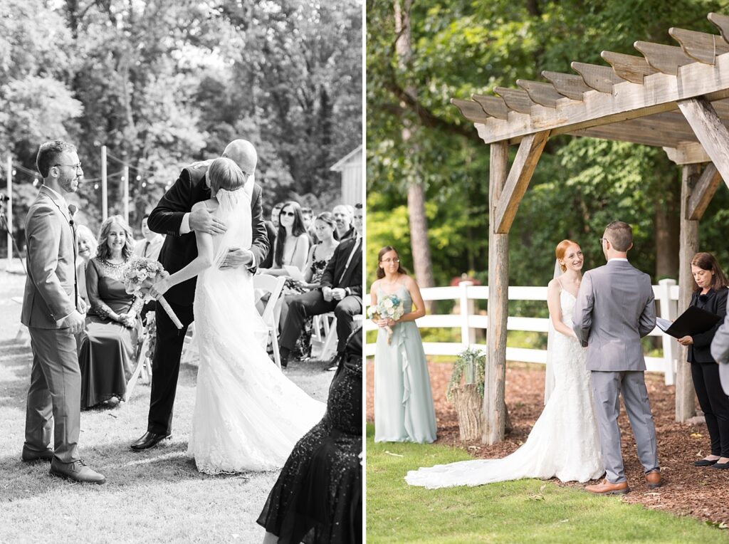 Bride and groom holding hands during wedding ceremony | Rustic Wedding | Twin Oaks Barn Wedding | Twin Oaks Barn Wedding Photographer | Raleigh NC Wedding Photographer