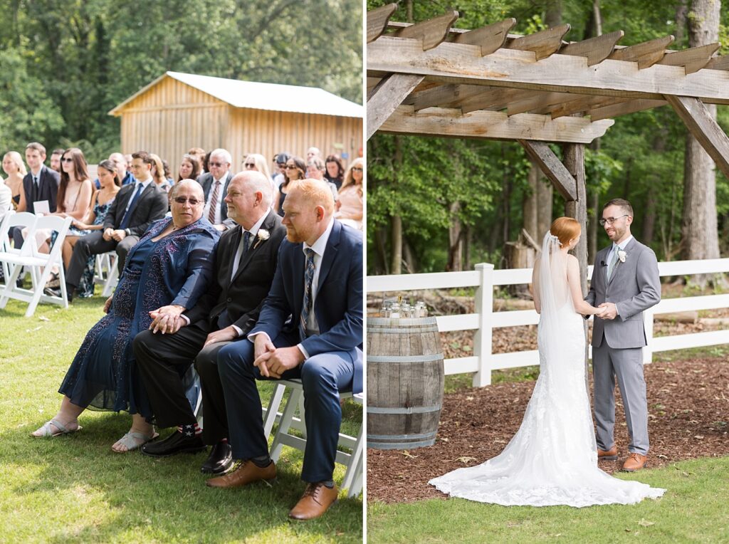 Bride's parents holding hands during wedding ceremony | Rustic Wedding | Twin Oaks Barn Wedding | Twin Oaks Barn Wedding Photographer | Raleigh NC Wedding Photographer