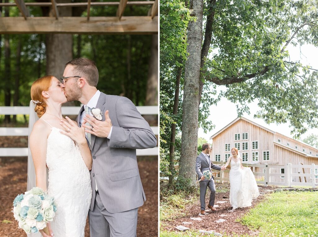 Bride and groom showing wedding rings and walking in garden by barn | Rustic Wedding | Twin Oaks Barn Wedding | Twin Oaks Barn Wedding Photographer | Raleigh NC Wedding Photographer