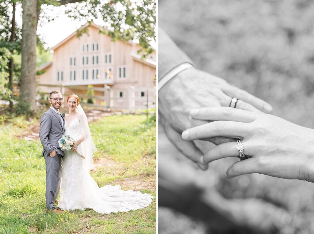 Bride and groom embracing and showing wedding rings | Rustic Wedding | Twin Oaks Barn Wedding | Twin Oaks Barn Wedding Photographer | Raleigh NC Wedding Photographer