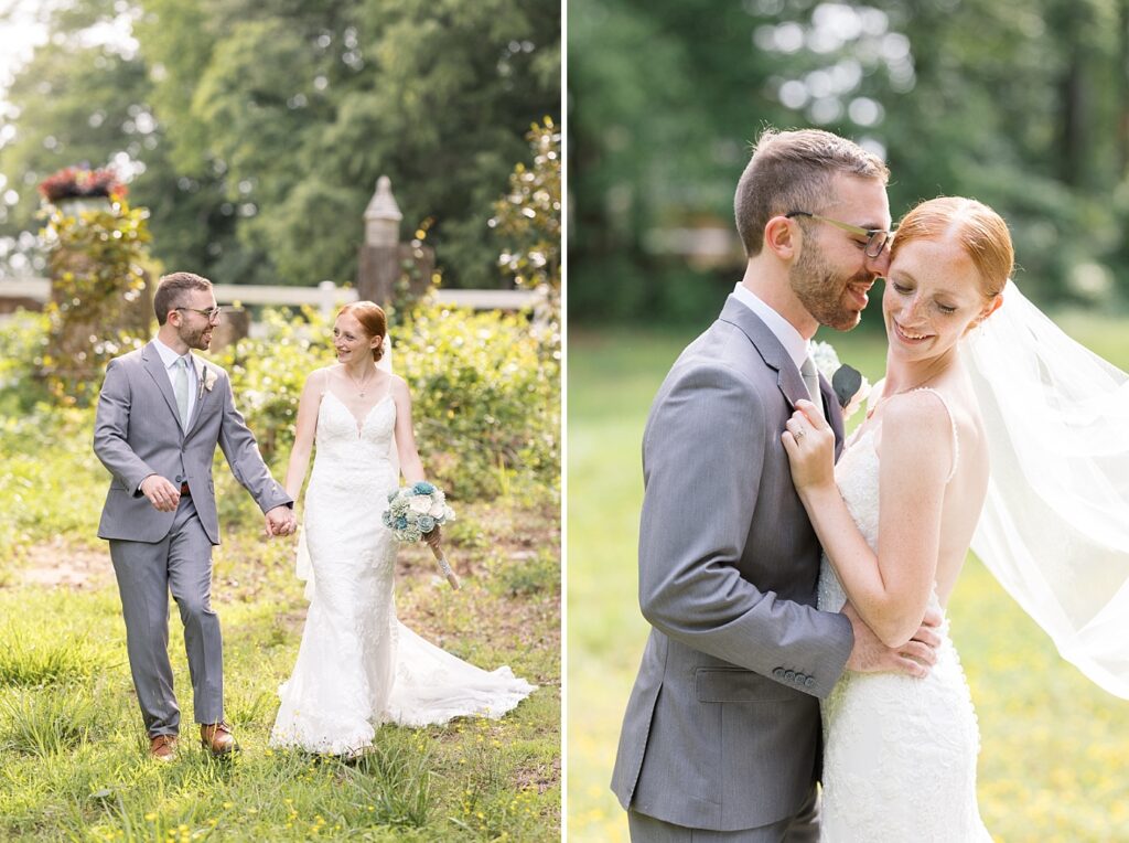 Bride and groom holding hands in garden | Rustic Wedding | Twin Oaks Barn Wedding | Twin Oaks Barn Wedding Photographer | Raleigh NC Wedding Photographer