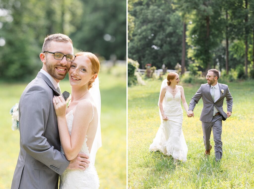 Bride and groom running in garden | Rustic Wedding | Twin Oaks Barn Wedding | Twin Oaks Barn Wedding Photographer | Raleigh NC Wedding Photographer