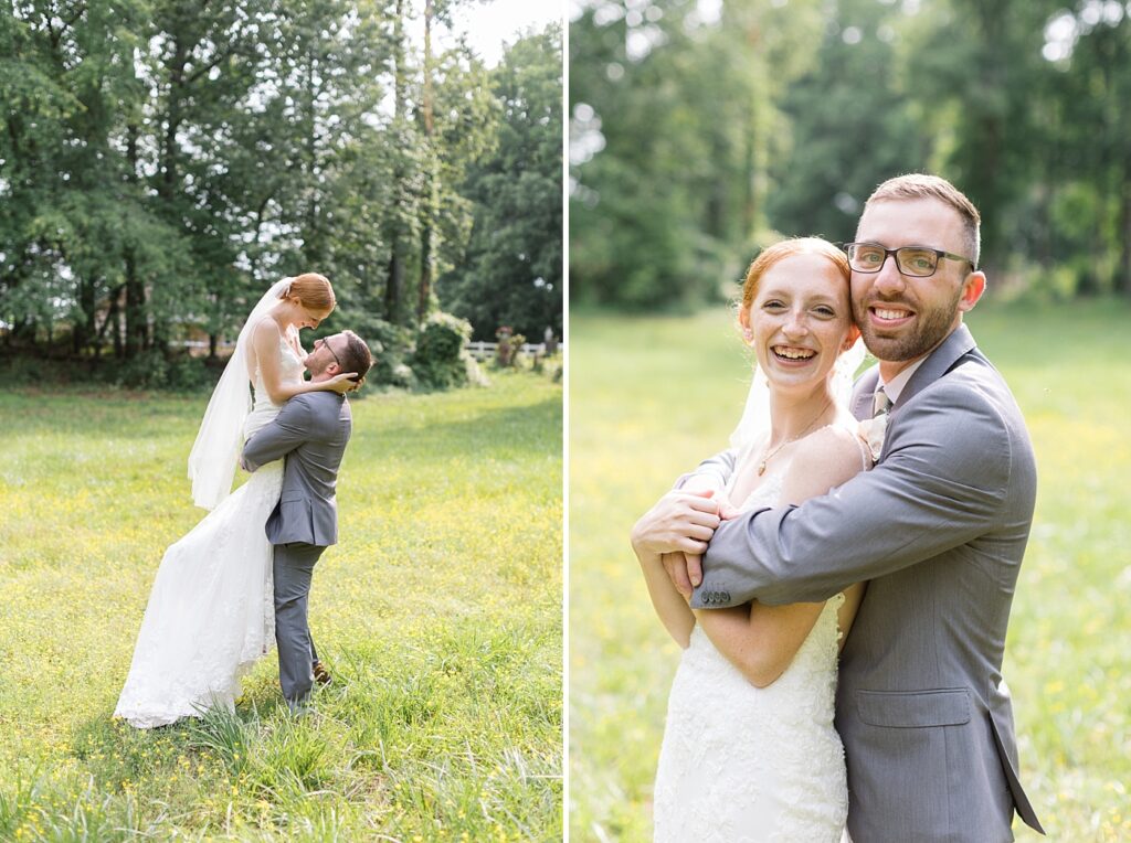Groom lifting bride and bride and groom embracing | Rustic Wedding | Twin Oaks Barn Wedding | Twin Oaks Barn Wedding Photographer | Raleigh NC Wedding Photographer