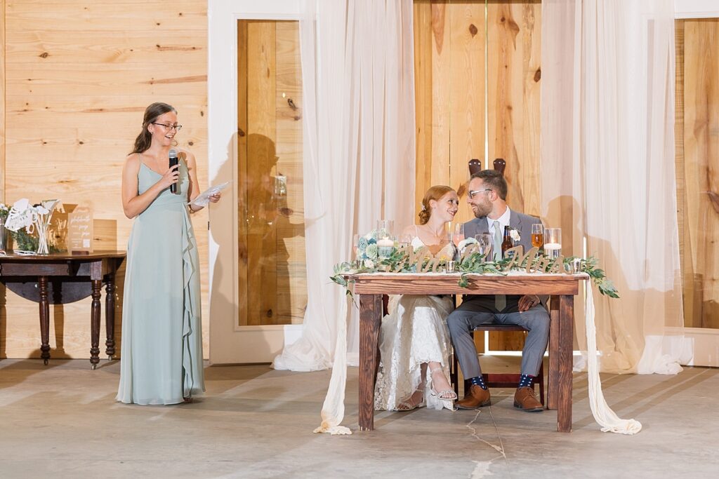 Bridesmaid giving wedding toast | Rustic Wedding | Twin Oaks Barn Wedding | Twin Oaks Barn Wedding Photographer | Raleigh NC Wedding Photographer