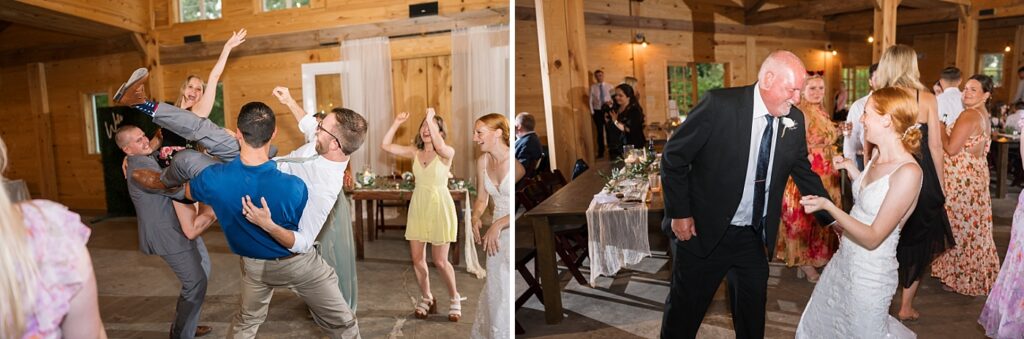 Wedding guest carrying groom | Rustic Wedding | Twin Oaks Barn Wedding | Twin Oaks Barn Wedding Photographer | Raleigh NC Wedding Photographer