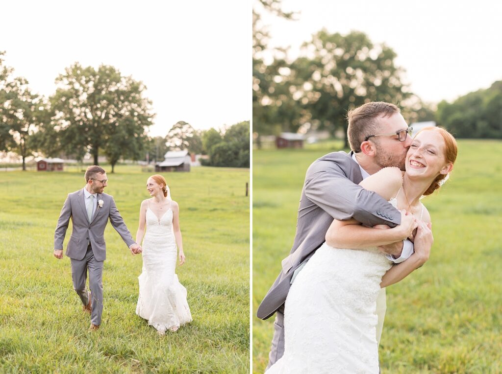 Bride and groom smiling and holding hands | Rustic Wedding | Twin Oaks Barn Wedding | Twin Oaks Barn Wedding Photographer | Raleigh NC Wedding Photographer