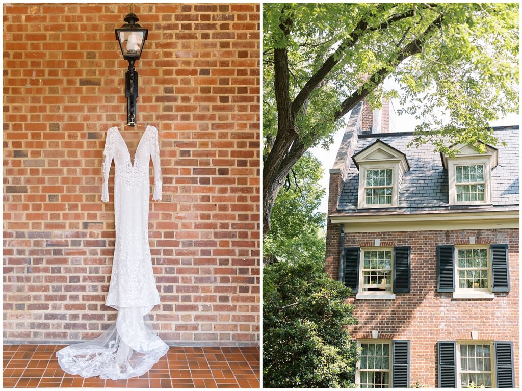 Wedding dress hanging from light fixture on red brick wall | Classic Summer Wedding | Carolina Inn Wedding | Chapel Hill Wedding Photographer | Raleigh Wedding Photographer | NC Wedding Photographer