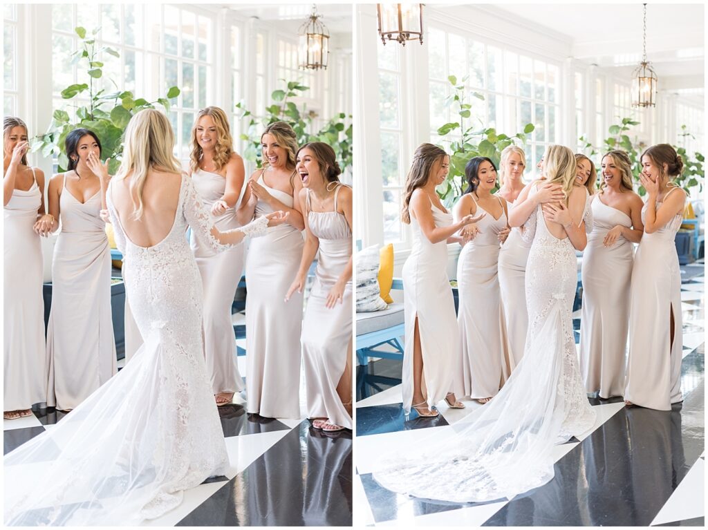 Bride and bridesmaids first look | Classic Summer Wedding | Wedding with Neutrals | Carolina Inn Wedding | UNC Alumni Wedding | Raleigh Wedding Photographer | NC Wedding Photographer