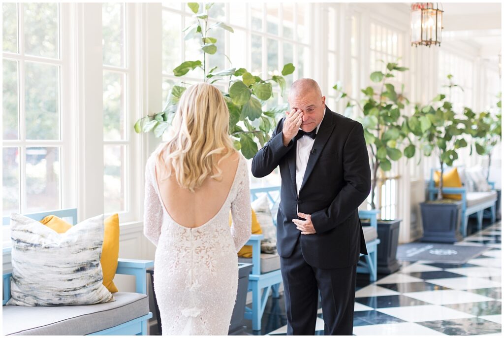Father daughter first look | Classic Summer Wedding | Wedding with Neutrals | Carolina Inn Wedding | UNC Alumni Wedding | Raleigh Wedding Photographer | NC Wedding Photographer