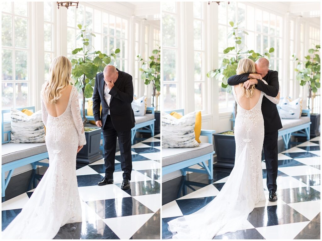Father of the bride and bride embracing during first look | Classic Summer Wedding | Wedding with Neutrals | Carolina Inn Wedding | UNC Alumni Wedding | Raleigh Wedding Photographer | NC Wedding Photographer
