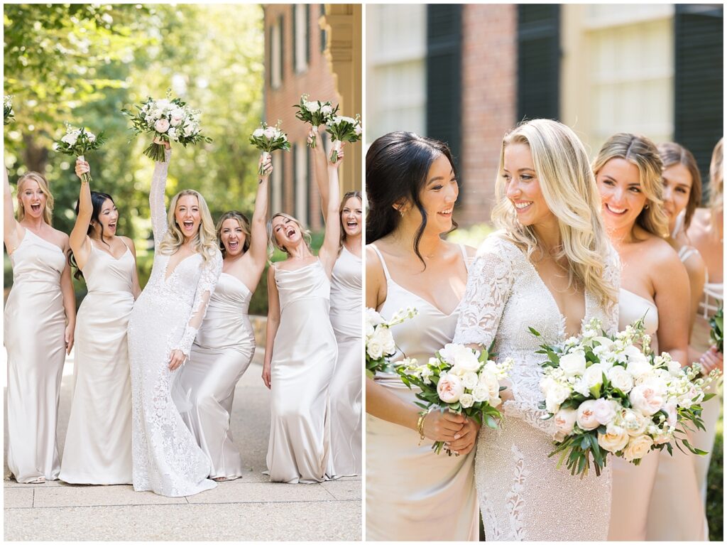 Bride and bridesmaids cheering | Classic Summer Wedding | Wedding with Neutrals | Carolina Inn Wedding | UNC Alumni Wedding | Raleigh Wedding Photographer | NC Wedding Photographer