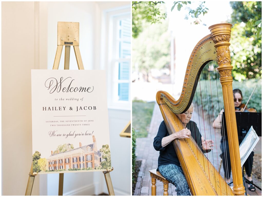 Welcome sign to wedding ceremony and harpist playing out on lawn | Classic Summer Wedding | Wedding with Neutrals | Carolina Inn Wedding on The Lawn | UNC Alumni Wedding | Raleigh Wedding Photographer | NC Wedding Photographer