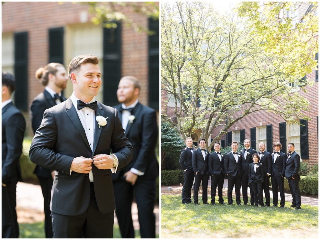 Groom buttoning suit jacket and groomsmen smiling with groom | Classic Summer Wedding | Wedding with Neutrals | Carolina Inn Wedding | UNC Alumni Wedding | Raleigh Wedding Photographer | NC Wedding Photographer