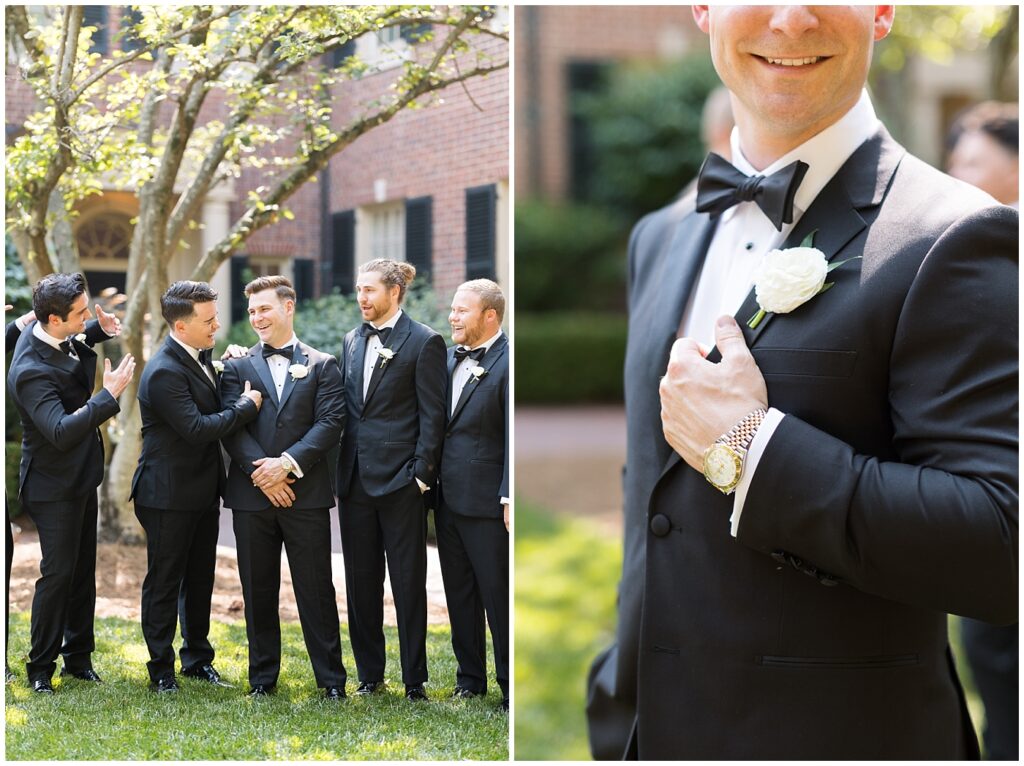 Groomsmen talking to groom | Classic Summer Wedding | Wedding with Neutrals | Carolina Inn Wedding | UNC Alumni Wedding | Raleigh Wedding Photographer | NC Wedding Photographer