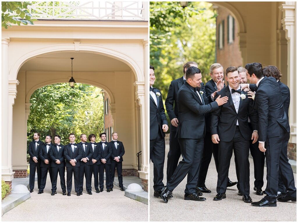 Groom and groomsmen posing inspiration | Classic Summer Wedding | Wedding with Neutrals | Carolina Inn Wedding | UNC Alumni Wedding | Raleigh Wedding Photographer | NC Wedding Photographer