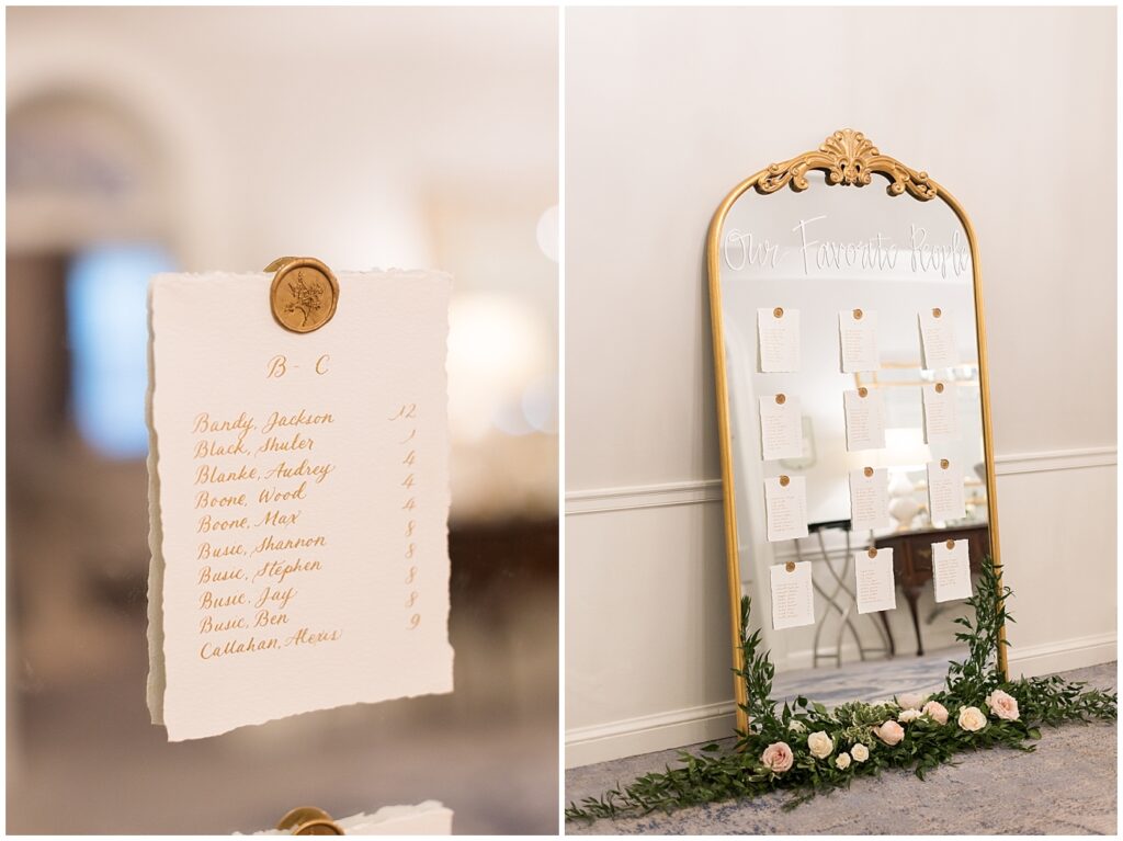 Wedding seat place cards on mirror | Classic Summer Wedding | Wedding with Neutrals | Carolina Inn Wedding on The Lawn | UNC Alumni Wedding | Raleigh Wedding Photographer | NC Wedding Photographer