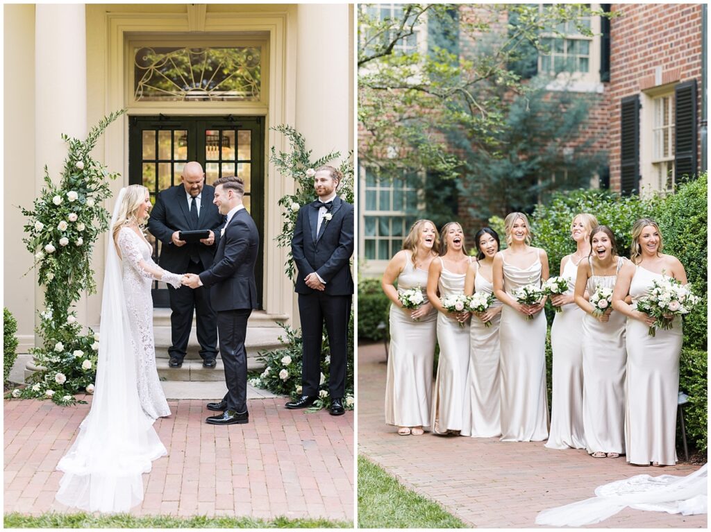 Bride and groom holding hands during wedding ceremony and bridesmaids cheering | Classic Summer Wedding | Wedding with Neutrals | Carolina Inn Wedding on The Lawn | UNC Alumni Wedding | Raleigh Wedding Photographer | NC Wedding Photographer
