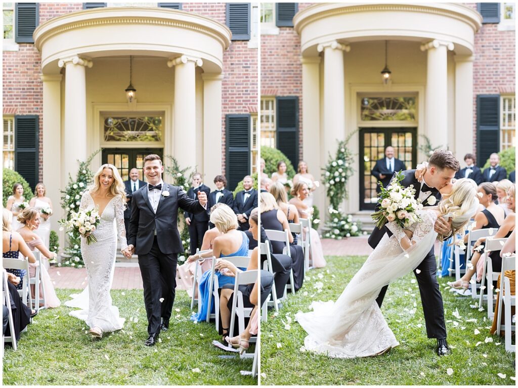 Bride and groom holding hands and kissing after wedding ceremony | Classic Summer Wedding | Wedding with Neutrals | Carolina Inn Wedding on The Lawn | UNC Alumni Wedding | Raleigh Wedding Photographer | NC Wedding Photographer