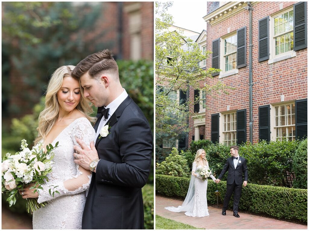 Bride and groom holding hands and embracing out on lawn | Classic Summer Wedding | Wedding with Neutrals | Carolina Inn Wedding on The Lawn | UNC Alumni Wedding | Raleigh Wedding Photographer | NC Wedding Photographer
