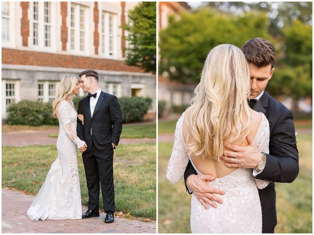 Bride and groom embracing on the lawn | Classic Summer Wedding | Wedding with Neutrals | Carolina Inn Wedding on The Lawn | UNC Alumni Wedding | Raleigh Wedding Photographer | NC Wedding Photographer