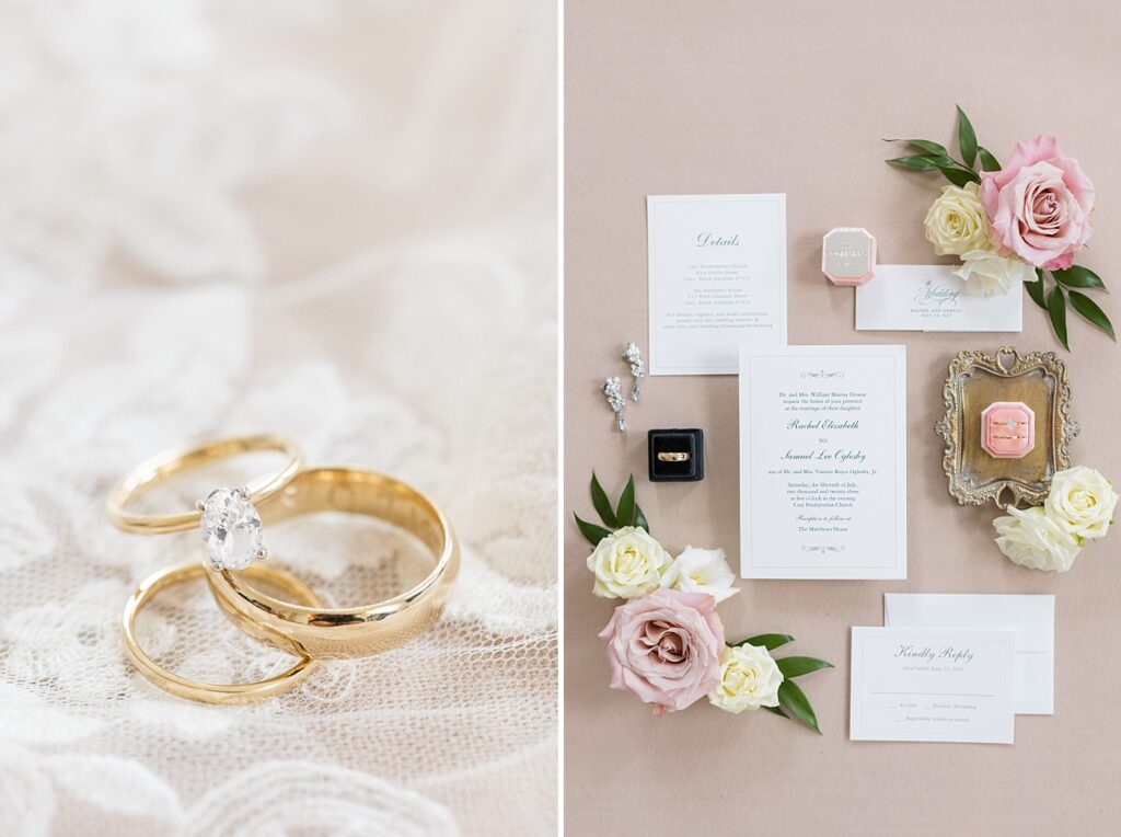 Wedding rings displayed over white lace cloth and wedding invitations with pink roses | Summer Wedding | The Matthews House Wedding | The Matthews House Wedding Photographer | Raleigh NC Wedding Photographer