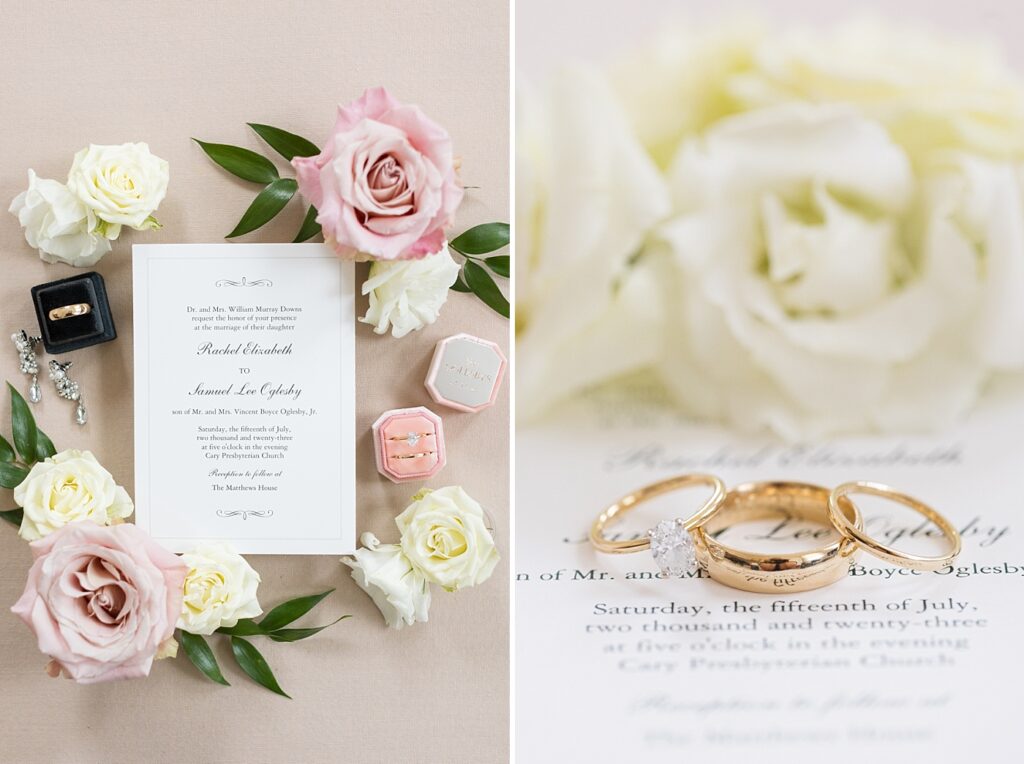 Wedding invitation displayed next to pink flowers and wedding rings | Summer Wedding | The Matthews House Wedding | The Matthews House Wedding Photographer | Raleigh NC Wedding Photographer