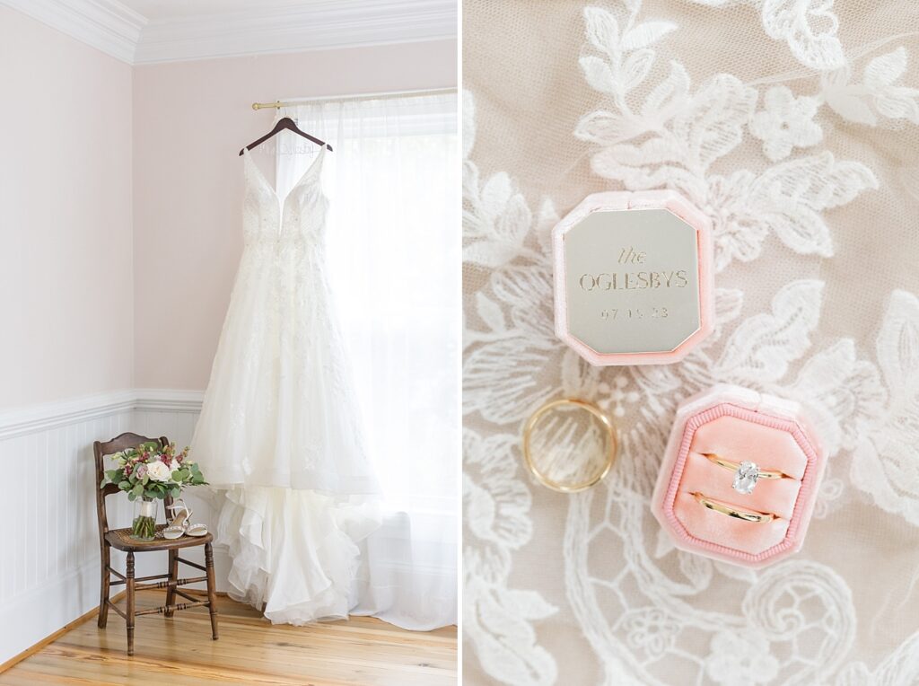 Bride's wedding dress hanging by window and weddings rings displayed in pink ring box | Summer Wedding | The Matthews House Wedding | The Matthews House Wedding Photographer | Raleigh NC Wedding Photographer