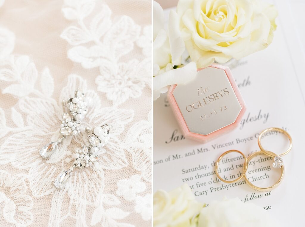 Bride's wedding earrings displayed on white lace cloth an wedding rings on wedding invitation | Summer Wedding | The Matthews House Wedding | The Matthews House Wedding Photographer | Raleigh NC Wedding Photographer