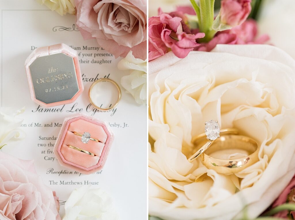 Wedding rings in pink ring box displayed over wedding invitation | Summer Wedding | The Matthews House Wedding | The Matthews House Wedding Photographer | Raleigh NC Wedding Photographer