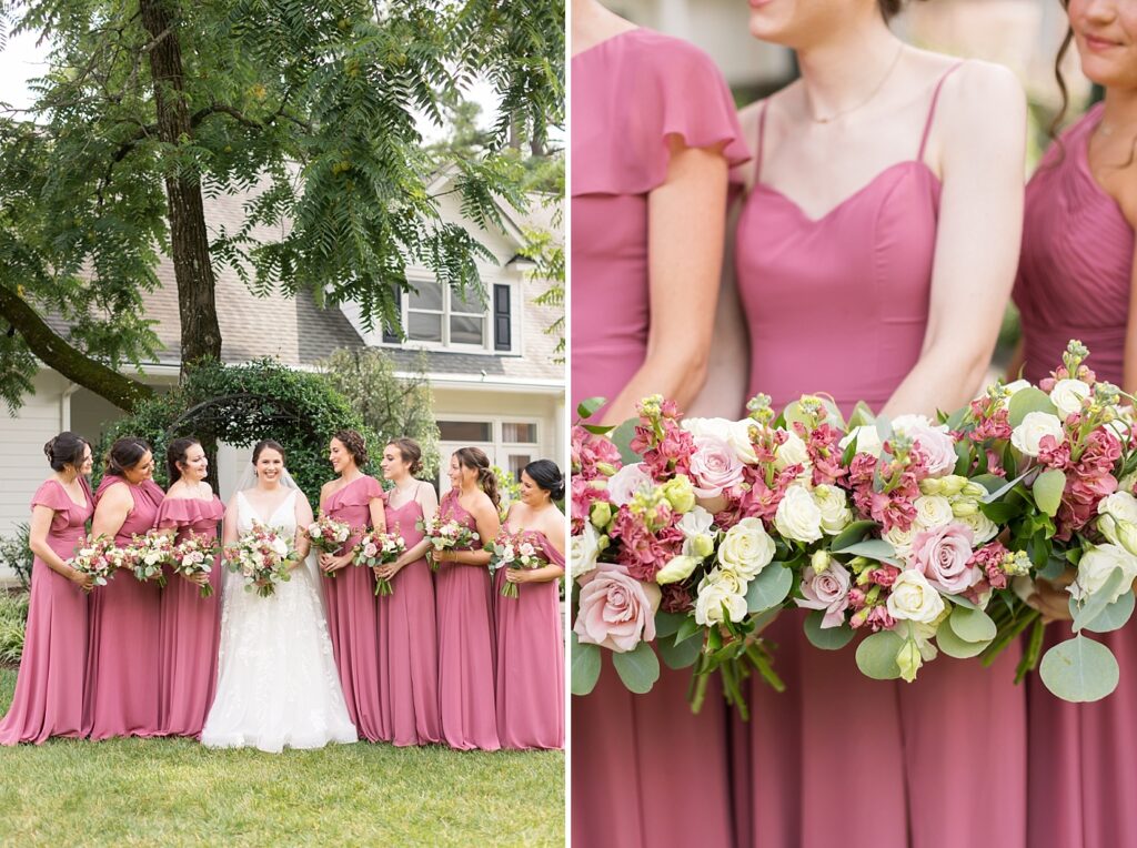 Bride smiling with bridal party and bridesmaids holding pink bouquets | Summer Wedding | The Matthews House Wedding | The Matthews House Wedding Photographer | Raleigh NC Wedding Photographer