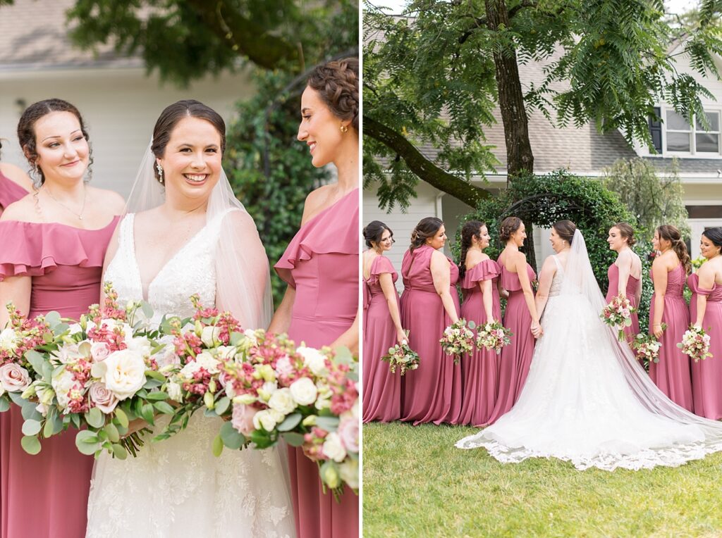 Bride and bridesmaids smiling holding pink bouquets | Summer Wedding | The Matthews House Wedding | The Matthews House Wedding Photographer | Raleigh NC Wedding Photographer